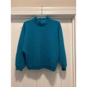 Vintage Women's Medium Teal Blue Angora Rabbit Hair Lambswool Mock Neck Sweater